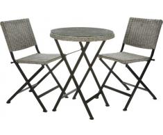 Gartenfreude - Set da giardino composto da 1 tavolo tondo con lastra superiore di vetro e 2 sedie, in rattan, Ø 60 cm, colore grigio