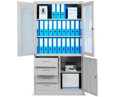 Armadio per ufficio C042, Armadio per documenti con vetrina, Armadio in metallo con cassetti, mensole, lamiera d'acciaio (grigio/grigio)