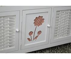 Panca in stile country da ingresso con scarpiera e sedile imbottito. Colore bianco.