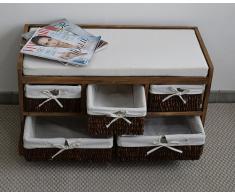 Rebecca srl Panca Panchina Contenitore 5 Cassetti Legno Vimini Marrone Ingresso Camera da Letto Country (Cod. 0-1691)