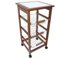 Carrello da cucina porta verdura in legno marrone noce con ruote piano ceramica