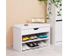 Songmics Scarpiera Panca in Fiberboard di Legno con Cuscino Seduta Sedile Imbottito 3 Ripiani Bianco LHS20W