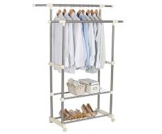 Woltu SR0021 Stand Appendiabiti con Rotelle Attaccapanni Scaffale Abiti Doppio Tubi D'acciaio Inox Telescopico Altezza Regolabile con Scarpiera 2 Ripiani Bianco 148x43x168cm