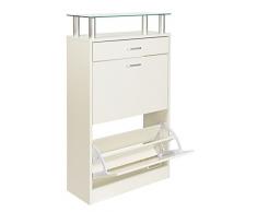 ts-ideen Scarpiera Salvaspazio in Bianco stile moderno con due scomparti ad anta basculante e mensola superiore in vetro
