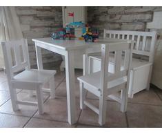 Best of JAM® – Set soggiorno 1 x tavolo per bambini 2 x bambini sedie, 1 x cassapanca con freno coperchio (bianco) in legno massiccio nuovo & Confezione originale