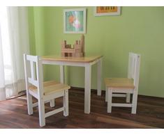 Set sedie e tavolo per bambini, colore bianco, in legno massiccio