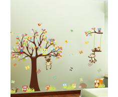 ufengke® Fumetto Gufi Cute Scimmie Scoiattolo Bellissimo Albero Adesivi Murali, Camera dei Bambini Vivai Adesivi da Parete Removibili/Stickers Murali/Decorazione Murale, Set Di 4 Fogli