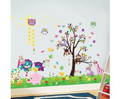 Walplus - 3 set di adesivi da parete per cameretta dei bambini: mod. DF5099 (Happy Animals), mod. WS3026 (Owl Tree Star), mod. AY763 (Little Chick Grass), multicolore