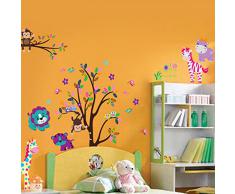 Walplus Art Decoration - Adesivi murali autoadesivi in carta per la camera dei bambini, motivi: animaletti felici con albero