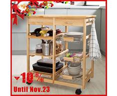 SoBuy FKW04-N - Carrello da cucina in legno massello con ripiani e cassetti