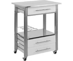 carrello da cucina su ruote in acciaio 3 cassetti in legno portabottiglie con 6 spazi e piano di lavoro in acciaio 60x50x84,50 cm