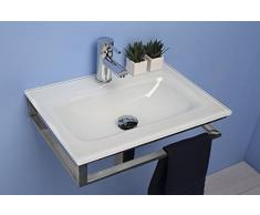 ARREDO BAGNO LAVABO/LAVAMANI/LAVANDINO/LAVABO D'APPOGGIO IN VETRO EXTRACHIARO BIANCO DA CM 50 CON SUPPORTO IN ACCIAIO INOX