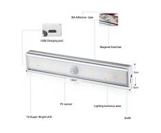 Daping Lampada Armadio Sensore di Movimento e Crepuscolo Luce Notturna 10 LED Ricaricabile 3 Modalità di Luminosità, Torcia di Emergenza con Magnete per la Notte, per le Scale e per i Gradini con Striscia Magnetica (Caldo Bianco)