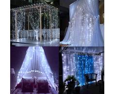WolfWise Tenda Catena Luci Natalizie 300 LED (3m x 3m) 8 Modalità Con Controllo Funzione di Memoria Ideale per Decorazione Natale/Matrimoni/Feste per Uso Esterno e Interno (Bianco)