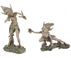 Design Toscano CL952463 Sculture Folletto da Giardino Che Allunga la Mano e Folletto con la Fionda, Set da Due, Abbronzatura