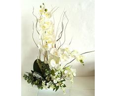 Centro di orchidee, fiori e piante artificiali Elaborato in un centro di ceramica, di colore bianco. 77 x 55 x 35 cms.