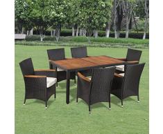 Set mobili da giardino in polirattan 6 sedie e tavolo con piano di legno