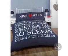 Just Contempo - Copripiumino con motivo "Mine & Yours", set di biancheria da letto matrimoniale, perfetto come regalo di San Valentino, Cotone, Navy blu (bianco rosso), copripiumino matrimoniale (da ragazza)