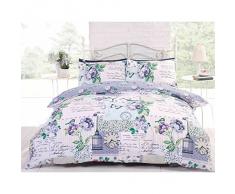 Just Contempo - Completo copripiumone per letto matrimoniale in fantasia patchwork, con rose, farfalle e cartoline in francese, Policotone, blu (verde bianco Navy grigio), King