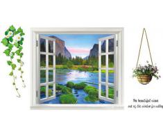 ufengke® Vista Finestra Colline Verdi e Acque Limpide Adesivi Murali, Fiore Della Vite e Cestini, Camera da Letto Soggiorno Adesivi da Parete Removibili/Stickers Murali/Decorazione Murale