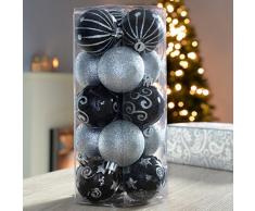 WeRChristmas, Set di 15 palline in plastica infrangibile per albero di Natale, Nero/Argento (silber/schwarz)