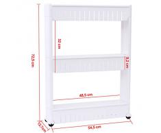 Songmics 3 étages Etagère de rangement, Armoires de cuisine, Chariot de stockage, Meuble de rangement à roulettes, Etagère de cuisine, Salle de bains roulante 72,5 cm avec blanc KTR03W