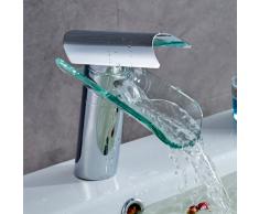 Auralum® Design nouveau Élégant robinet mitigeur cascade en chrome et verre lavabo
