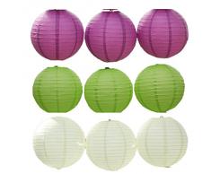 JTC 9pc Lanterne en Papier Lampion avec Fer Décoration de Maison /de Fête--3pc Violet foncé +3pc Vert +3pc Blanc (diamètre :20CM)