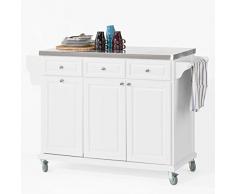 SoBuy® FKW33-W XXL Plan de travail de Luxe, Desserte sur roulettes, Meuble chariot de cuisine de service roulant avec Plateau en Acier Inox et grande armoire de rangement 107xH95XP48,5cm