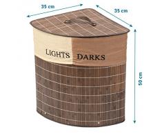 Tatkraft Monaco Panier a Linge d'Angle Bambou avec Sac à Linge en Coton 2 sections Lights and Darks 48L 35X35X50H cm