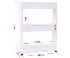Songmics 3 étages Etagère de rangement, Armoires de cuisine, Chariot de stockage, Meuble de rangement à roulettes, Etagère de cuisine, Salle de bains roulante 72,5cm avec Blanc KTR03W