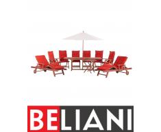 Arredamento da giardino - Legno - Tavolo - 2 chaise-longue - 6 sedie - Cuscini terracotta e ombrellone inclusi - TOSCANA