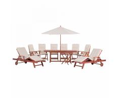 Arredamento da giardino - Legno - Tavolo - 2 chaise-longue - 6 sedie - Cuscini beige e ombrellone inclusi - TOSCANA
