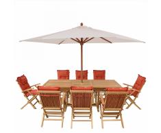 Set di tavolo e sedie da giardino in legno - Tavolo - 8 sedie con cuscini - Ombrellone - Color terracotta - JAVA