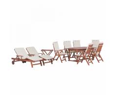 Set da giardino in legno di acacia - Tavolo ovale, tavolino, 2 lettini e 6 sedie con cuscini beige - TOSCANA