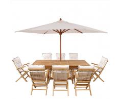 Set di tavolo e sedie da giardino in legno - Tavolo - 8 sedie con cuscini - Ombrellone - Beige - JAVA