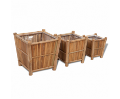 vidaXL Set 3 pz Piantatore fioriera in legno di bambù con fodera nylon