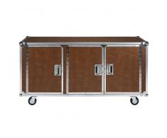 Credenza con rotelle a 3 ante in tessuto rivestito cammello e metallo Cinema