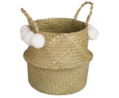 Cestino thailandese con pompon bianchi in vimini