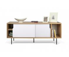 Credenza bassa TemaHome DANN legno rovere con ante scorrevoli bianca e piedi acciaio nero