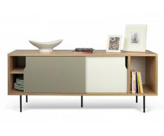Credenza bassa TemaHome DANN legno rovere con ante scorrevoli grigia/bianca e piedi acciaio nero