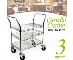 Carrello Cucina 3 Ripiani in Metallo Cromato 4 Ruote 100x90x45cm Salvaspazio - BAKAJI