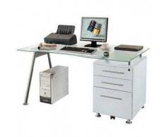 Scrivania per computer START UP, vetro temperato, cassettiera con tre scomparti, in bianco-grigio