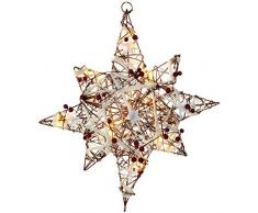 WeRChristmas - Stella di Natale illuminata, in rattan, 48 cm, con decorazione di neve e bacche, multicolore