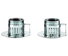 Alessi - ARDT SET - Set di due tazze da caffè con sottotazza in acciaio inossidabile 18/10 lucido e vetro pirofilo.