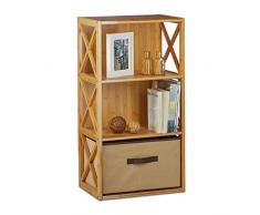 Relaxdays scaffale con cestino, 3 ripiani, cassetto in legno autoportante per bagno, pieghevole, AxLxP: 80 x 42 x 29 cm, colore marrone naturale