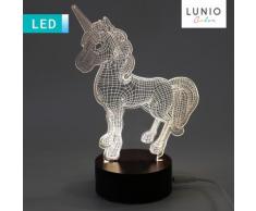 Lampada LED 3D Illusion unicorno con base in legno