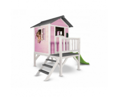 Casetta Gioco in Legno Rialzata con scala e scivolo (Rosa)