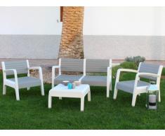 Salotto da giardino MIAMI in PVC: 2 poltrone, un divano 2 posti, un tavolino - struttura grigio chiaro seduta bianca