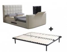 Letto PROFUSION con sistema TV integrato - Telaio con doghe 160 x 200 cm - Similpelle bianca